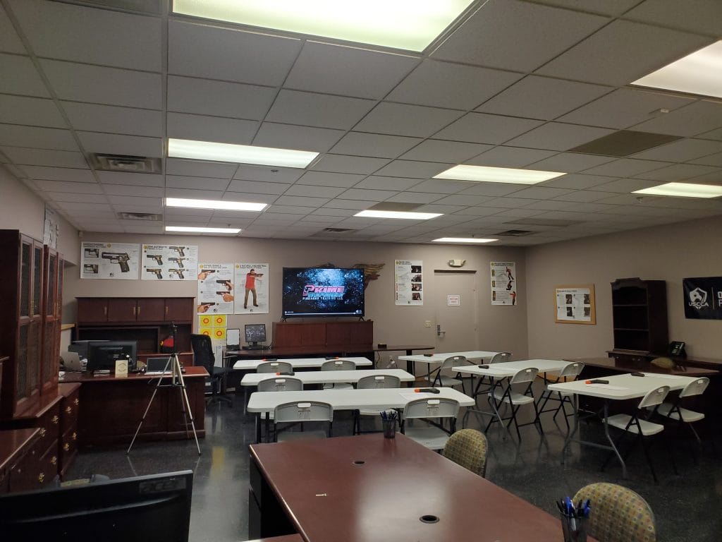 The Prime Defense Firearms Training classroom in Macomb, Michigan, set up for a CPL class
